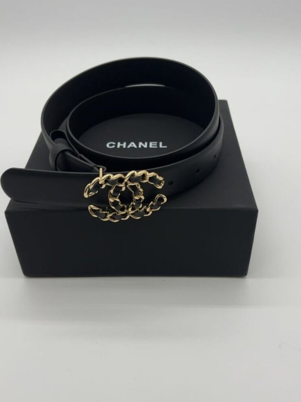 Chanel Black Leather Belt Chain Interlocking CC Gold Buckle Designer Waist Belt